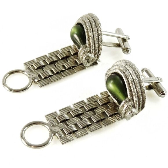 Chunky Vintage Wrap Around Mesh Cufflinks Silvertone Steampunk Green - Picture 3 of 5